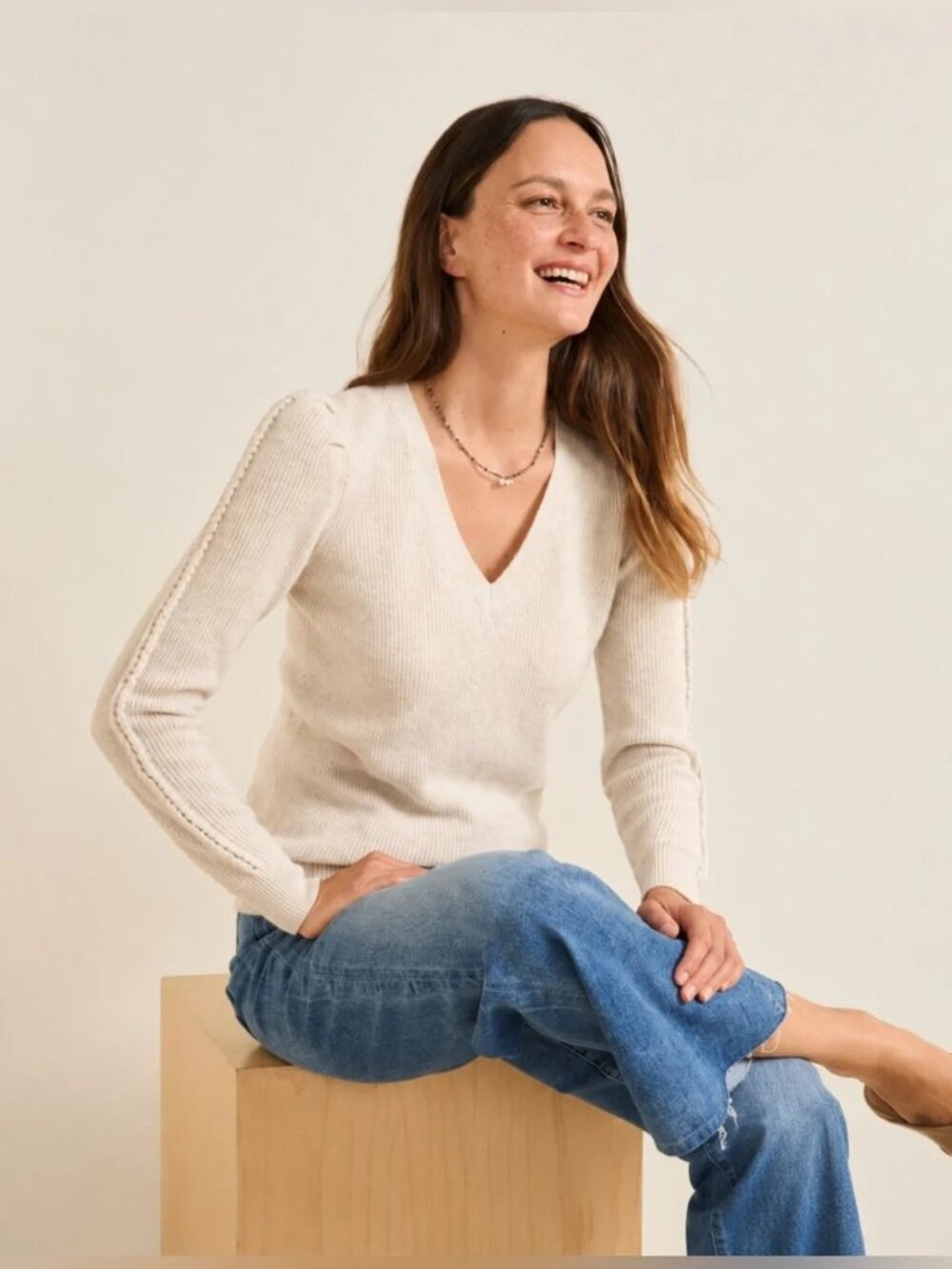 NWT Garnet Hill Cashmere Braid-Detail V-Neck Sweater, Bisque White
